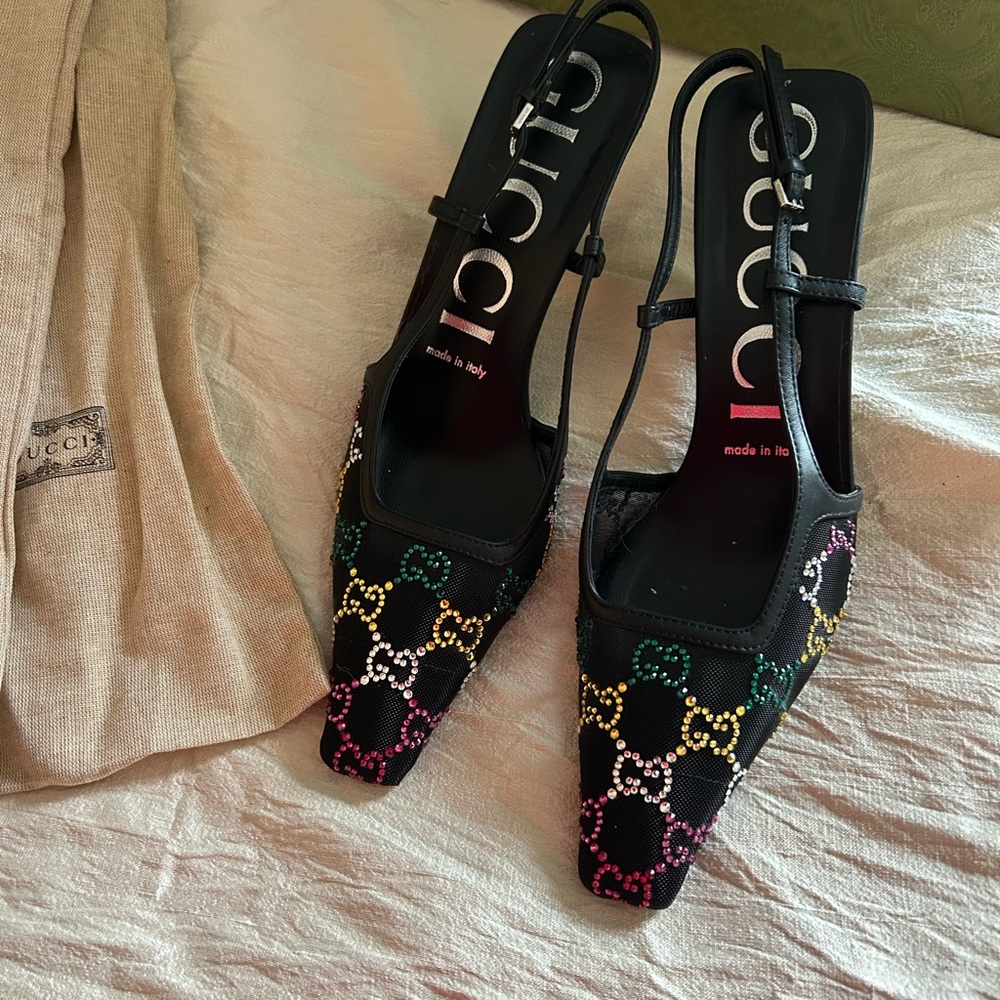 Gucci Black Crystal-Patterned Slingback Heels with Multicolor rhinestone Accents